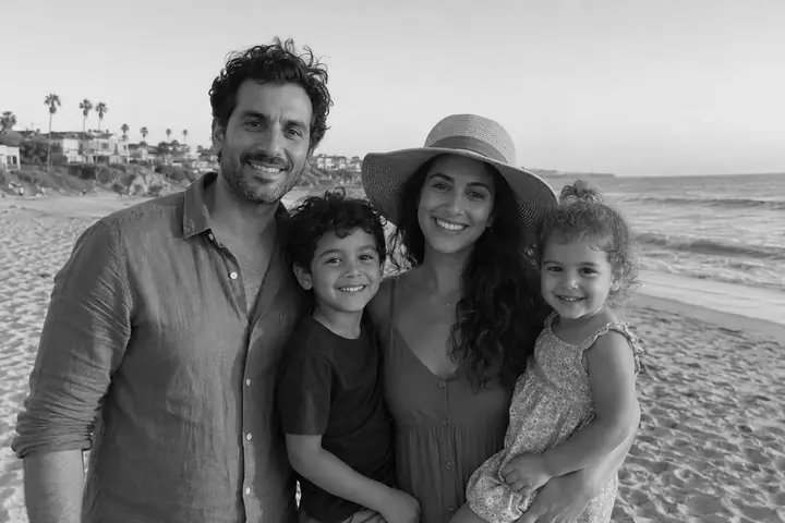 The beach photo with its color removed and nothing else changed: mostly mid-gray, with soft blacks