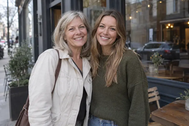 An older mother with shoulder-length blonde hair and her adult daughter with long hair, smiling side by side outside a cafe on a city street in color