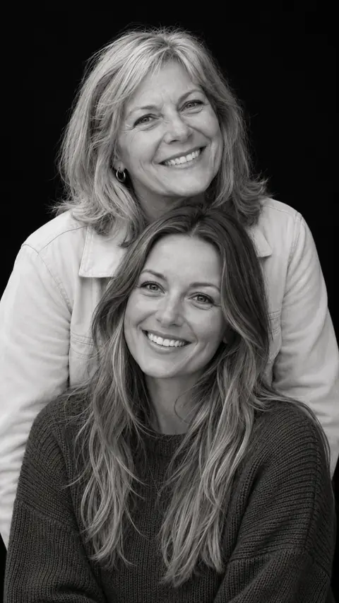 The same mother and daughter as a stacked monochrome studio portrait on a black background, the mother behind with her daughter in front