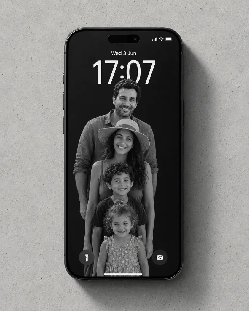The portrait as a phone lock screen wallpaper, the stacked family filling the 9:16 screen beneath the time