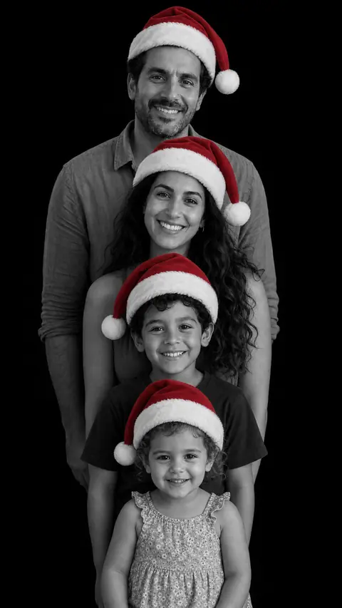 A family of four in a stacked monochrome studio portrait, every person wearing a red Santa hat: a man at the back, a woman, a young boy and a small girl closest to the camera