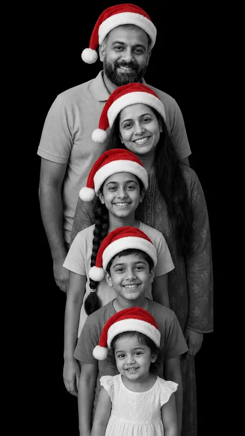A family of five in a stacked monochrome studio portrait, every person wearing a red Santa hat, from a bearded man at the back down to a toddler at the front