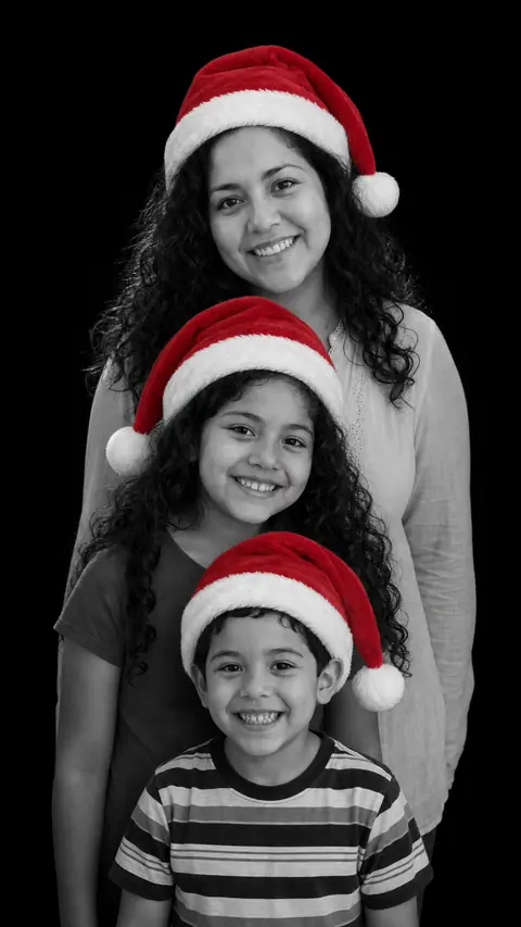 A mother and two children in a stacked monochrome studio portrait, all three wearing red Santa hats