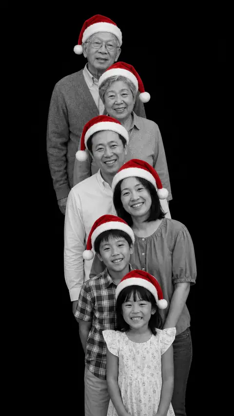 Three generations of a family of six in a stacked monochrome studio portrait, all six wearing red Santa hats