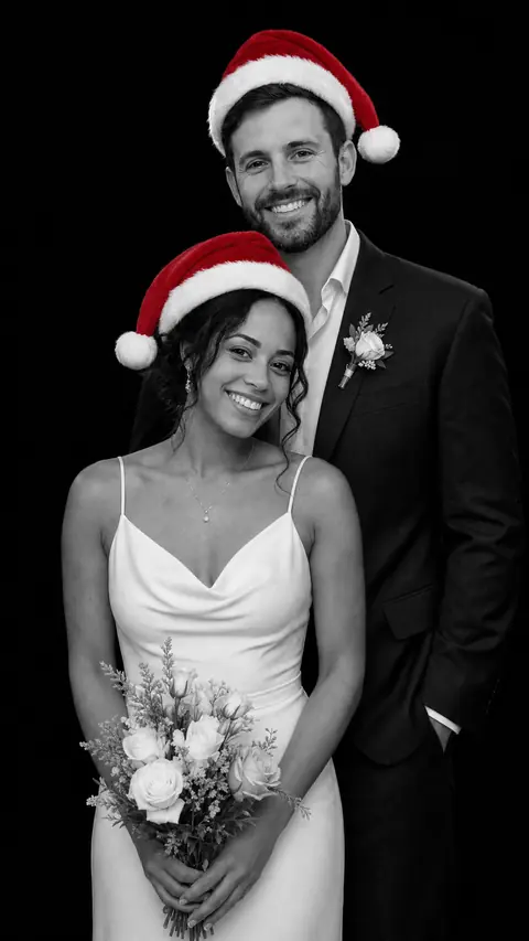 A newly married couple in a stacked monochrome studio portrait, both wearing red Santa hats, the bride holding a bouquet